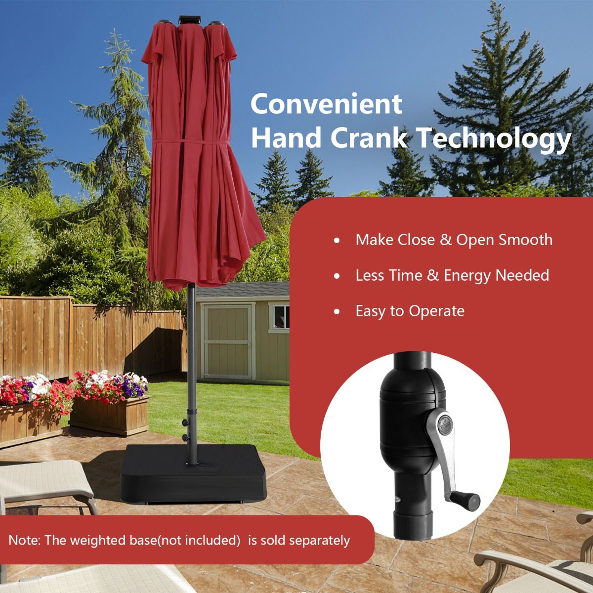 Coast Doppel-Sonnenschirm – 48 solarbetriebene LED-Leuchten – Handkurbel – weinrot 470 x 280 cm