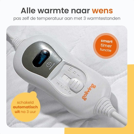Goliving Electric Blanket - 2-Personen - Wärmedecke - Elektrische Decke - 3 Wärmestufen - Timerfunktion - 60 Watt - Polyester - 160 x 140 cm - Weiß