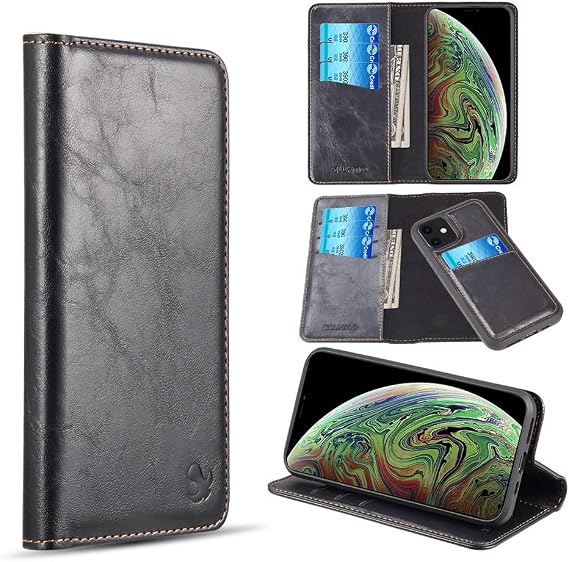 LUXMO Flip-Wallet-Hülle für iPhone 11 Pro Max – Schwarz – Magnetverschluss, 3 Kartenfächer