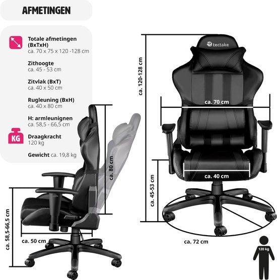 tectake - Gaming Stuhl Gaming Schreibtischstuhl Premium Racing - schwarz - Kunstleder - verstellbar - inklusive Rücken- und Nackenkissen - 402229