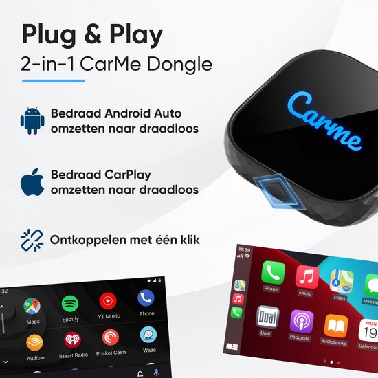 CarMe Premium 2-in-1 CarPlay Dongle - Drahtloses CarPlay & Android Auto - USB-A & USB-C - Android Auto Dongle - Schwarz