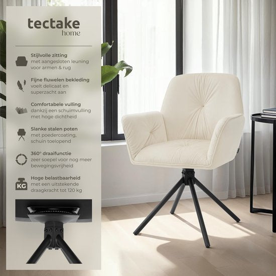 tectake® Drehstuhl Lenia - 2er-Set Drehstühle mit Armlehne - Esstischdrehstuhl - Drehsessel - gepolstert - Samtoptik Creme/Schwarz