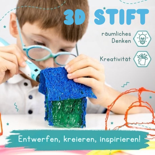 MM Brands - 3D Stift - Starter Pack - inkl. 100m Filament in 10 Farben - Extra langes Ladekabel - Geeignet für ABS & PLA Filament - Blau