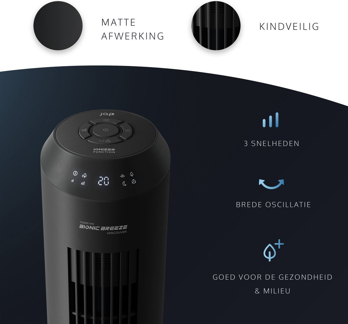 JAP Vancouver - Leiser Turmventilator - Luftreiniger - Fernbedienung und Timer - Oszillierender Säulenventilator - Design-Ventilator aufrecht - Standventilator - Mattschwarz