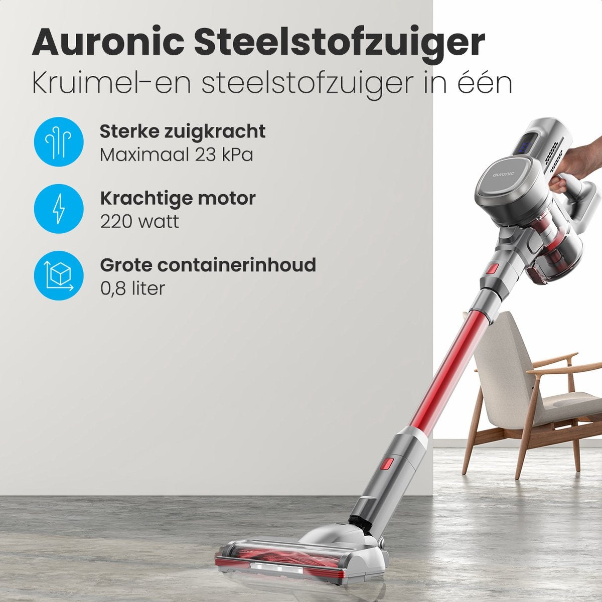 Auronic - Kabelloser Staubsauger 220W - Grau/Rot