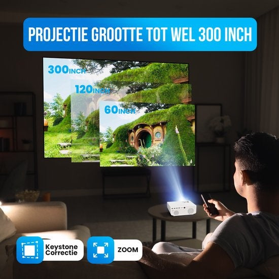 Strex - Beamer - 1080P Full HD - 15000 Lumen - Kabellos - Inklusive Tasche/Projektionsleinwand - WiFi - Bluetooth - Weiß