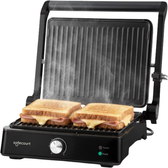 Safecourt Kitchen Toasted Sandwich Maker - Panini Grill und Toasted Sandwich Eisen - Abnehmbare PFAS-freie Platten & spülmaschinenfest - Große Grillfläche - Schnelle Hitze - Kontaktgrill - Schwarz