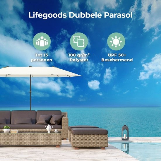 LifeGoods Doppelter Sonnenschirm - 270x460cm - bis zu 15 Personen - Wasserdicht - mit Bezug - Creme