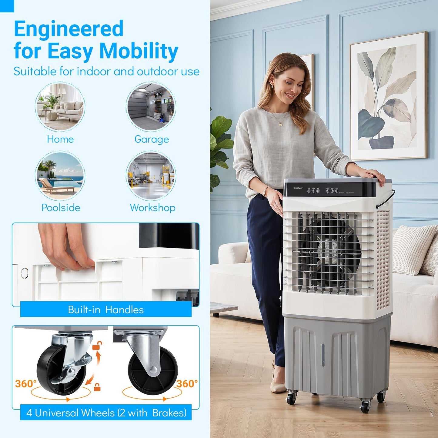 Coast tragbarer Ventilator und Luftkühler mit Fernbedienung – 27 l Wassertank – 3 Geschwindigkeitsstufen – 49 x 31 x 109 cm – Weiß/Grau