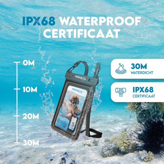 Travelly® Luxe Waterproof Phone Case - Universelle Unterwassertasche für Smartphone - Geeignet für alle Handys - Drybag - Für Urlaub, Schwimmen & Wassersport - Schwarz