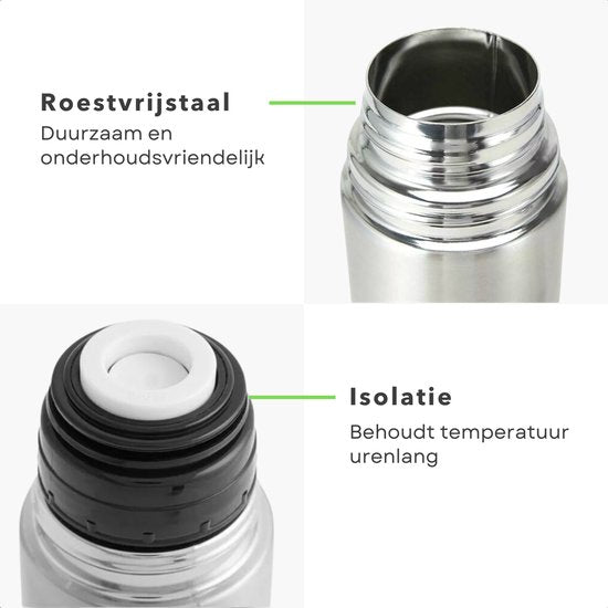 Thermosflasche – Thermosbecher – Isolierkanne – Doppelwandig – 0,5 Liter – Edelstahl – Für heiße und kalte Getränke – Inklusive E-Book