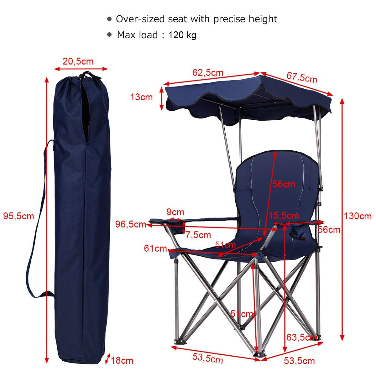 Coast Faltbarer Campingstuhl- Sonnendach- Becherhalter Tragetasche-96,5 x 67,5 x 130 cm - blau