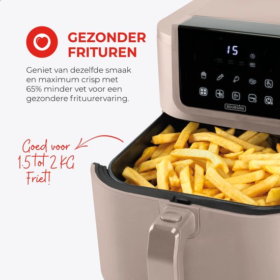 Bourgini Slimfit Airfryer XXL Beige - Heißluftfritteuse - 8 Liter - 1700W - PFAS frei