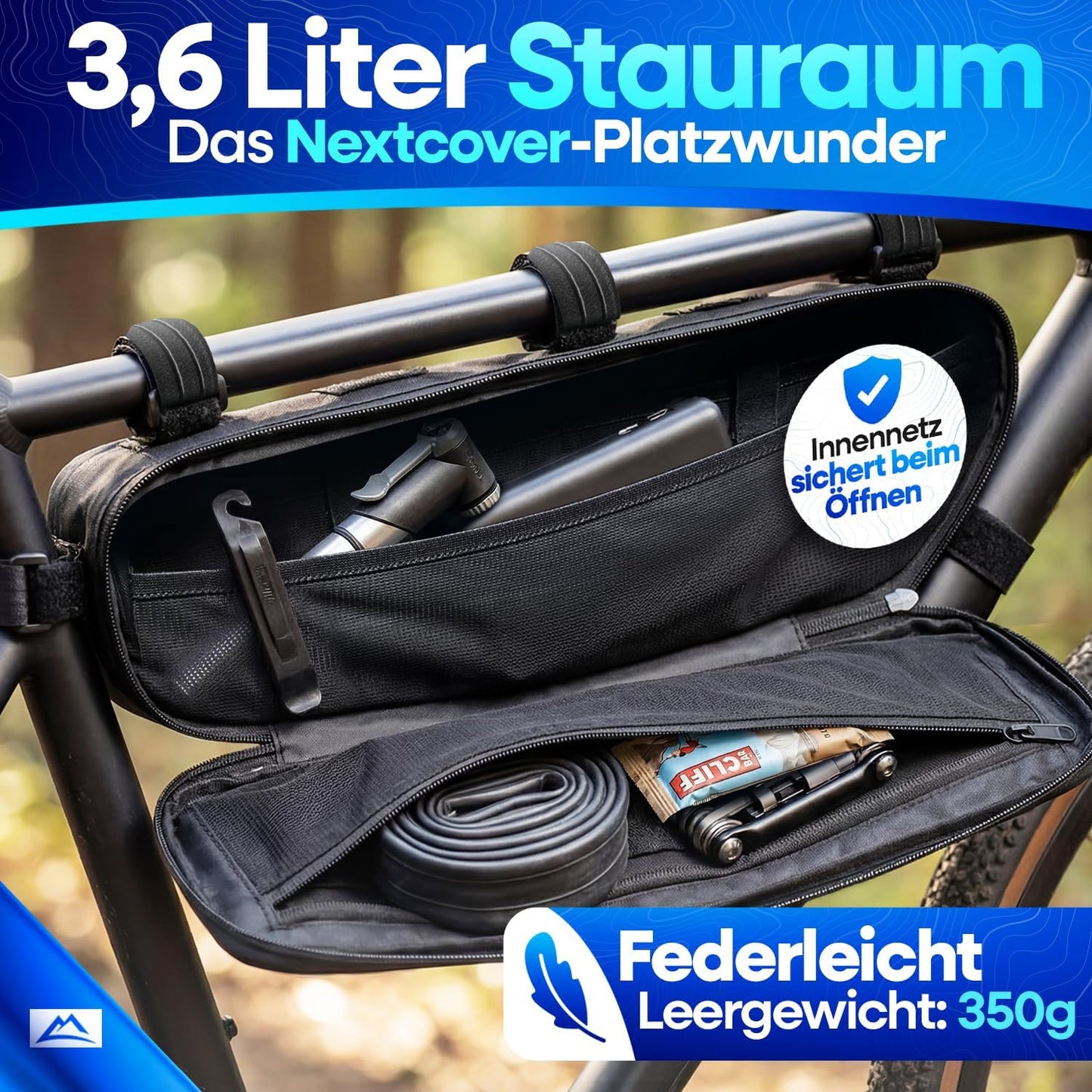 Nextcover® Bikepacking Rahmentasche - 46 cm - Fahrradtasche Rahmen - Unterrohrtasche Fahrrad - Für Gravelbike, Rennrad, MTB