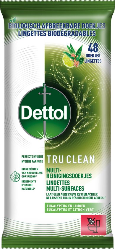 Dettol Tru Clean – Allzweck-Reinigungstücher – Eukalyptus & Limette – biologisch abbaubar – 48 Stück pro Packung