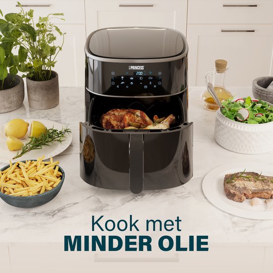 Princess Digital Airfryer XXL 182254 – 8 Liter – Extra groß – PFAS-frei – Heißluftfritteuse – Inklusive höhenverstellbarem Grillrost – Digitaler Touchscreen – 8 Automatikprogramme - 1800 W - Schwarz