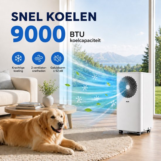 AUX 3-in-1-Mobilklimaanlage 9000 BTU (bis zu 36 m²), Energieeffizienzklasse A, WLAN & Fernbedienung, 4 Betriebsstufen, Selbstdämpfung, Kältemittel R290, waschbarer Filter, inklusive Fensterhalterung