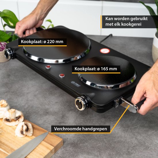 TZS First Austria Kochfeld 2500 W – freistehendes Elektrokochfeld – 2 Kochzonen – mit Griffen – Schwarz