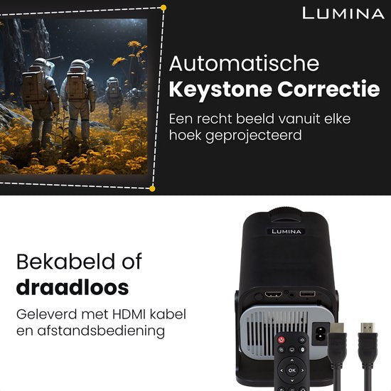 Lumina® Pro Mini Beamer 2025 – Tragbarer 4K-Smart-Projektor mit WLAN 6 und Bluetooth 5.2 – Kompatibel mit iOS und Android – Ideal für das Heimkino – Schwarz