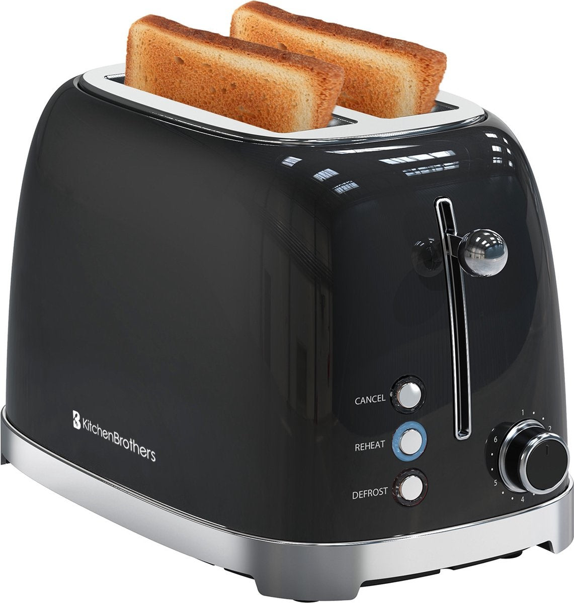 KitchenBrothers Toaster - 6 Heizstufen - 2 extra breite Schlitze - Aufwärm- und Auftaufunktion - Schwarz