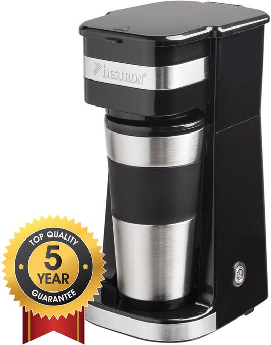 Bestron Filterkaffeemaschine 750 W – ACM112Z – 0,42 l, 2 große Tassen – Für den Campinggebrauch geeignet – Thermobecher – 5 Jahre Garantie