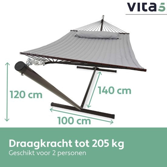 Vita5 Hängematte mit Ständer 2 Schlafplätze - Gartenhängematte mit Spreizstab und Gestell - Grau - UV-beständig - Belastbarkeit bis 200 kg