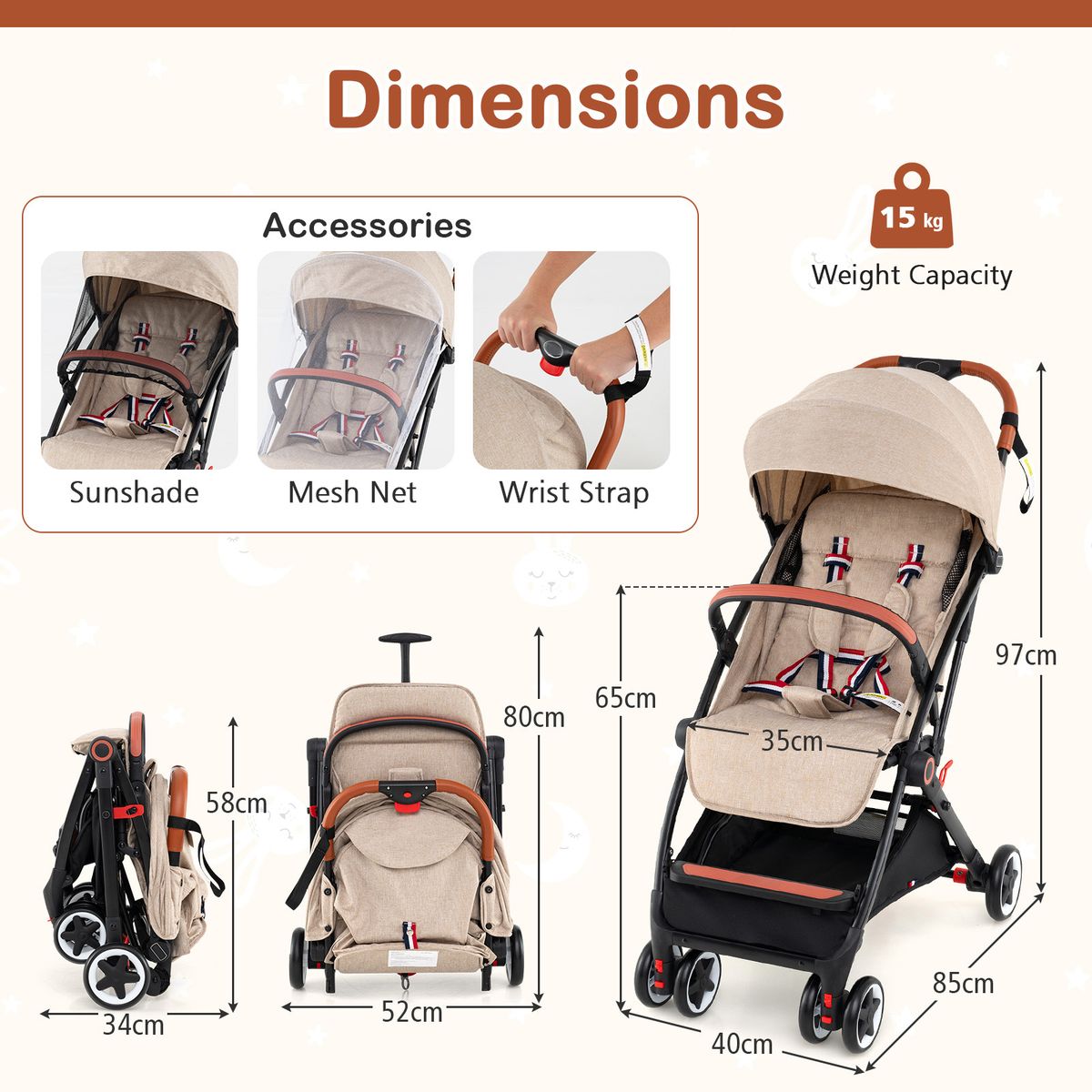 Coast Klappkinderwagen – verstellbare Rückenlehne und Fußstütze – stoßdämpfende Räder – beige