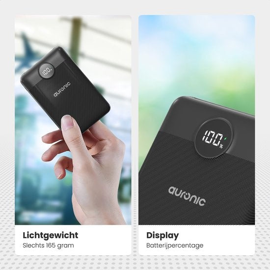 Auronic Powerbank - Schnellladegerät für iPhone und Samsung - 10.000 mAh - 22,5 W - 2 Ladeanschlüsse - Schnellladen über USB-A und USB-C - Schwarz