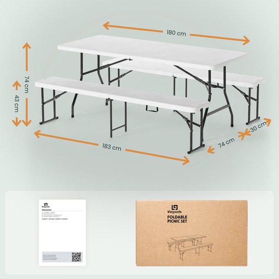 LifeGoods Faltbares Picknick-Set - 180cm x 74cm - Gartentisch mit 2 Bänken - Wetterfest - Campingtisch - Biertisch faltbar - Für Innen und Außen - Für 6 bis 8 Personen - Weiß