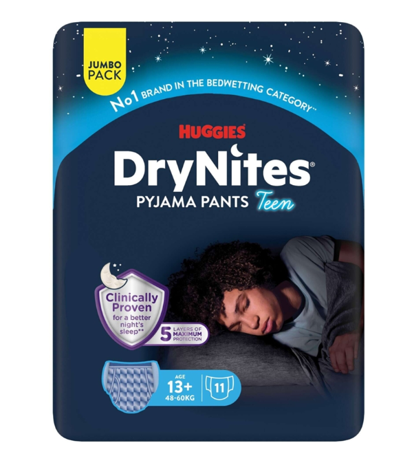 Huggies DryNites Pyjama-Hosen für Jungen ab 13 Jahren – 48–60 kg – Jumbo-Packung mit 11 Stück