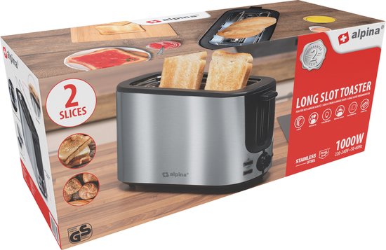 alpina Toaster mit Toasterklemmen und Langschlitz - Toaster 2 Stück Brot mit 7 Bräunungsstufen und Auftaufunktion - Toaster Toaster mit herausnehmbarer Krümelschublade - Silber