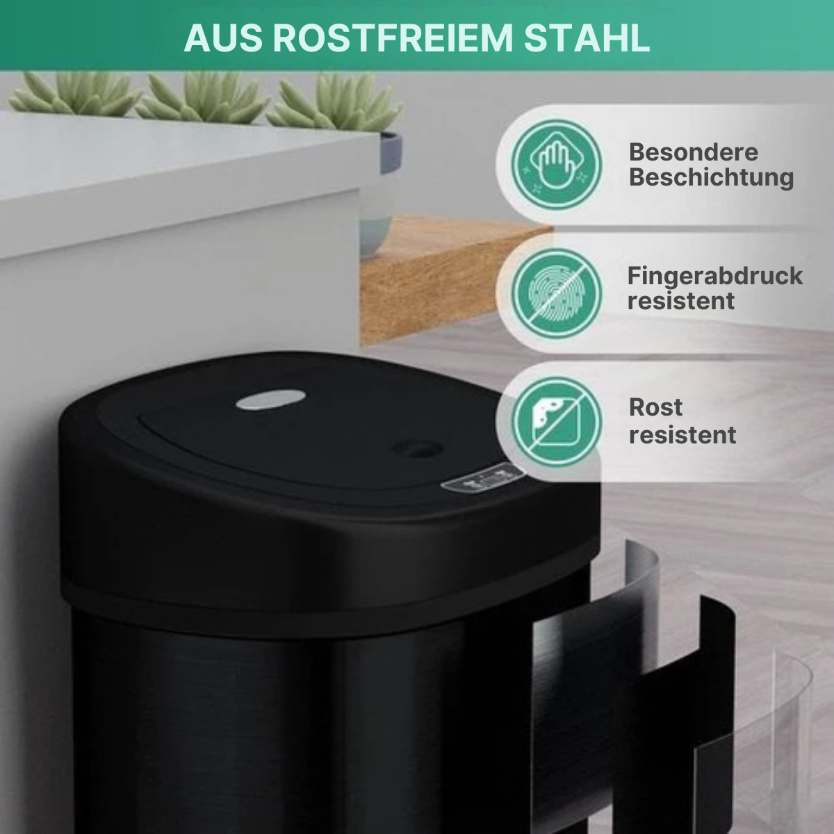 Avalo - Abfalleimer mit Sensor 50L - Edelstahl - Soft Close/ Fingerabdrucksicher/ Hygienisch - Schwarz