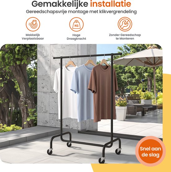 Goliving Kleiderständer auf Rädern XL - Ausziehbarer Kleiderständer 112-150 cm - 130kg Tragkraft - Stabiler Kleiderständer - Metall - Schwarz