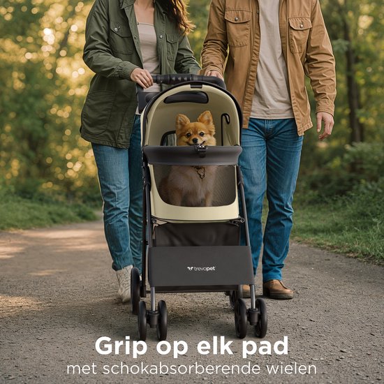 TrevoPet® Zusammenklappbarer Hundekinderwagen - Für kleine und mittelgroße Hunde bis 15 kg - Kinderwagen mit Becherhalterung und großem Aufbewahrungskorb - Beige
