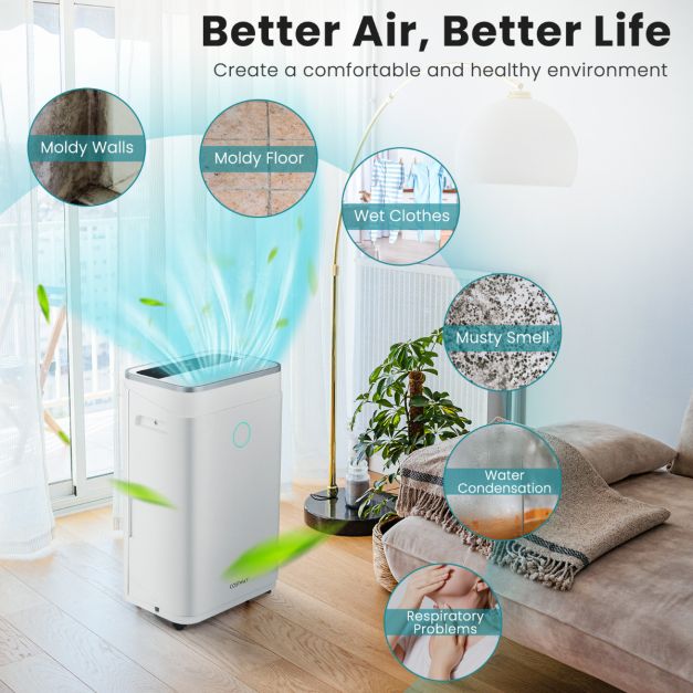 Coast Luftentfeuchter 25L/Tag mit Ablassschlauch und LED-Anzeige - Weiß - 34x24x57 cm