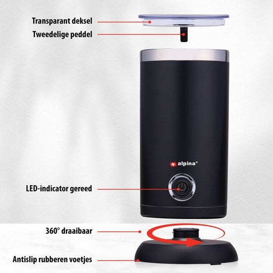 alpina Elektrischer Milchaufschäumer - 3-in-1 - 300ML - Schwarz