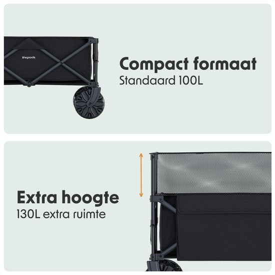 LifeGoods Wagon - Faltbarer Wagen - 100KG - 230L - Erhöht - Mit Schutzhülle - Schwarz