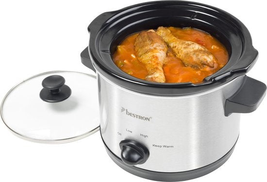 Bestron Slowcooker, mit 3 Programmen, Keramikpfanne & Glasdeckel, für 2 Personen, 1,5L Fassungsvermögen, spülmaschinenfest, 120 Watt, Farbe: silber