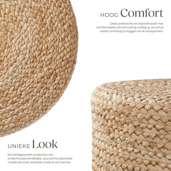 tectake Handmade Footstool Banno Elipse - Runder Jute-Sitzhocker im Boho-Stil - Bequemer Fußhocker mit strapazierfähiger Polsterung - Ø 58 x 22 cm - Max. 150 kg