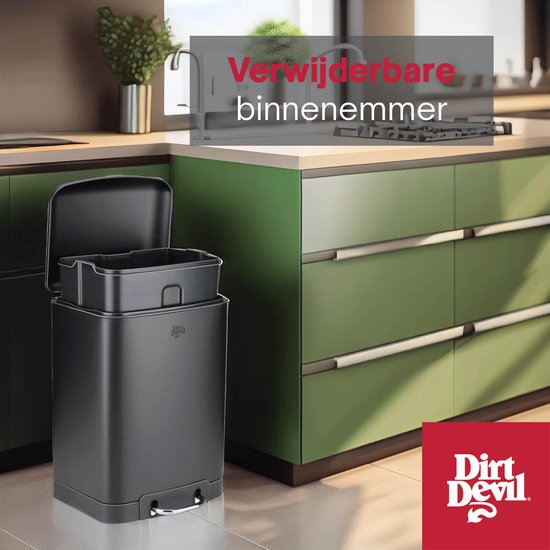 Dirt Devil Treteimer 30 Liter – Abfallbehälter mit Soft-Close-Mechanismus – Mülleimer mit herausnehmbarem Inneneimer – für Küche und Bad – 34,5 x 32,5 x 61,5 – Edelstahl – Schwarz