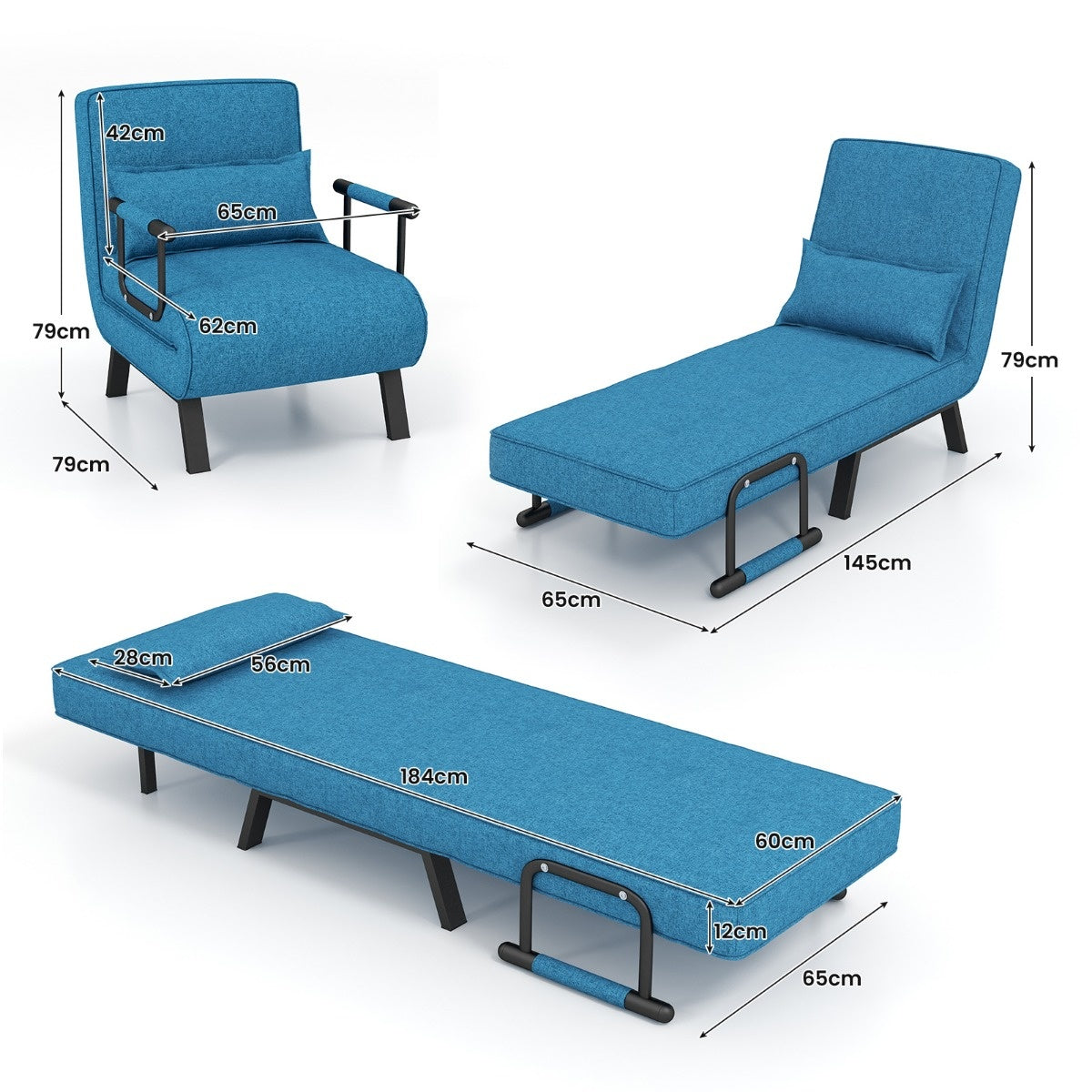 Coast Schlafsessel Sofa - 4-in-1, 5-Positionen verstellbar, Max. 150 kg - L 184 cm - Leinen/Metall - Blau