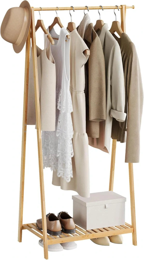 eSituro Kleiderständer 82 x 42 x 154,5 cm – Bambus – Schuhablage – Naturfarben