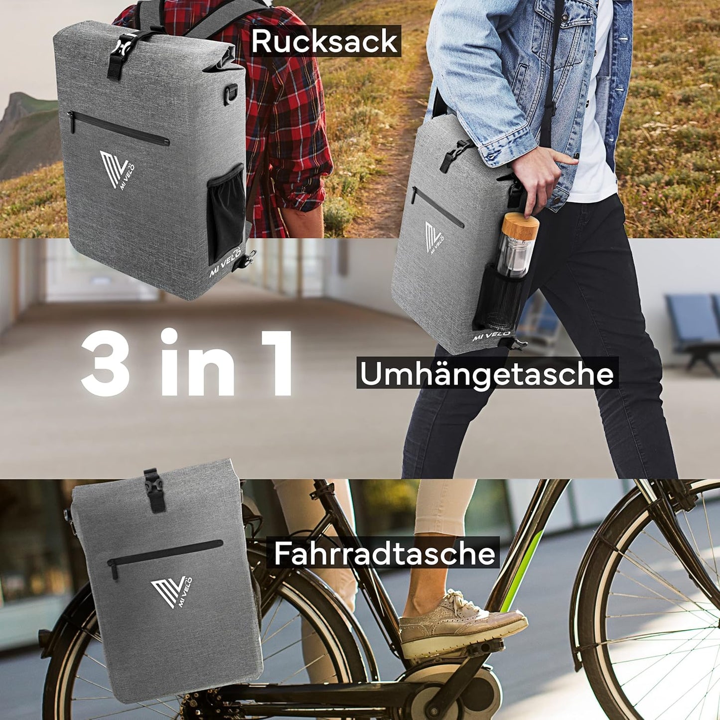 MIVELO 3-in-1 wasserdichte Packtasche für Gepäckträger - PVC-frei - Grau - 25 L