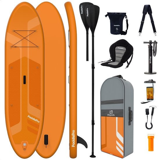 LifeGoods SUP Board - Deluxe Set - Mit Sitz - Aufblasbares Paddle Board - Max. 135KG - 320x81cm - Orange