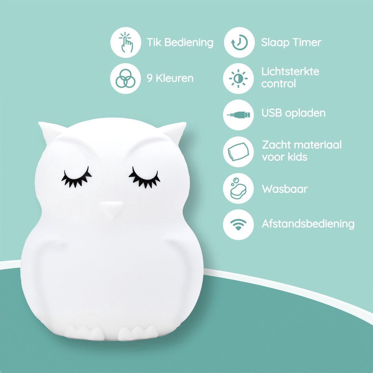 Sleepy Friends Kinder-Nachtlicht Eule - Dimmbares Nachtlicht Baby & Kind - 8 Farben - USB aufladbar - Touch & Fernbedienung - 95 x 97 x 100 mm - 169g