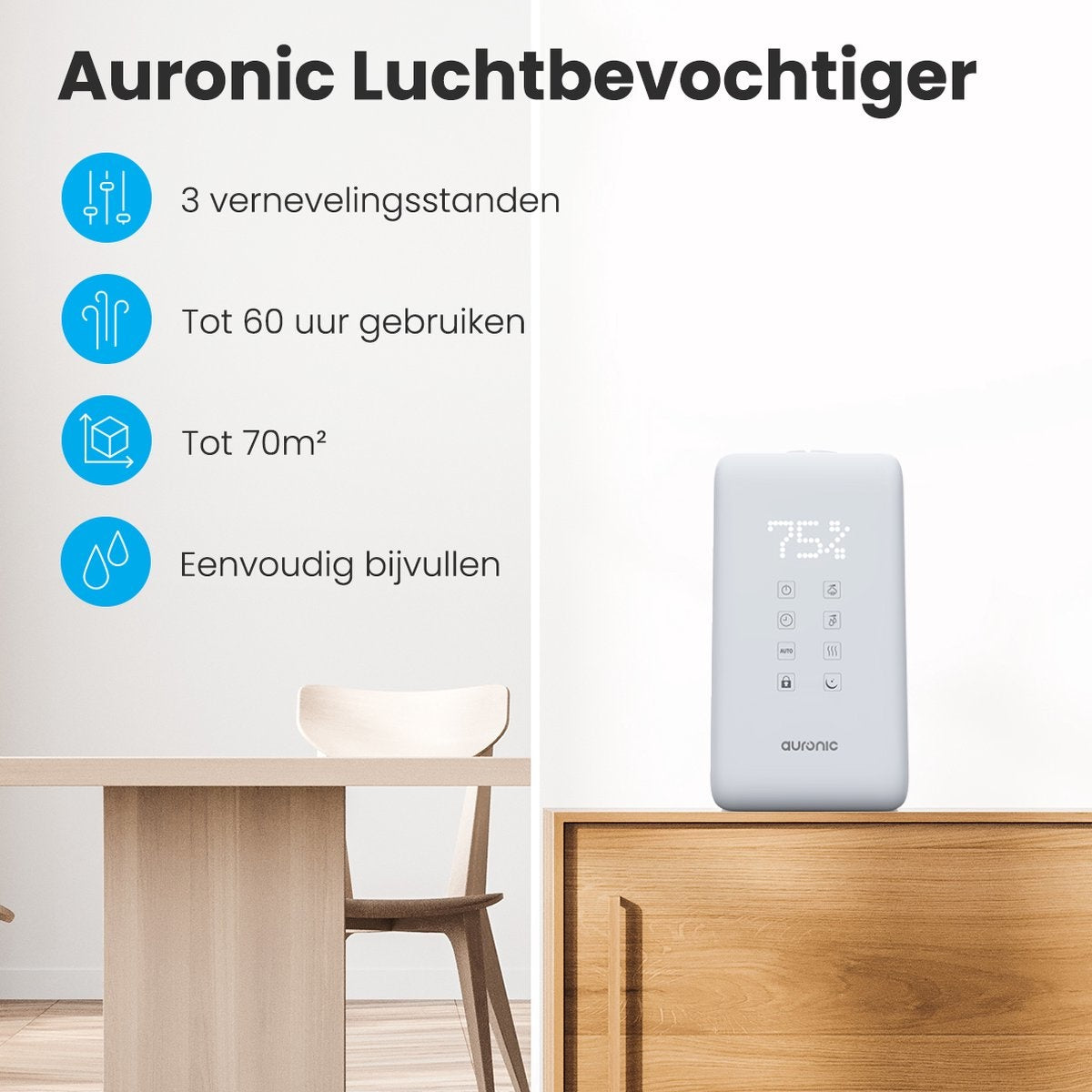 Auronic Luftbefeuchter - 3 Wärmestufen - 6L Tankkapazität - 70m2 - Wasserfilter inklusive - Weiß
