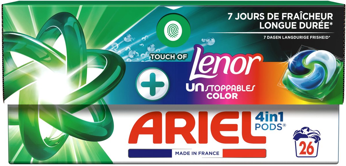 Ariel 4-in-1 Color Waschmittel-Kapseln + Lenor Unstoppables – 104 Waschgänge – 4 x 26 Kapseln