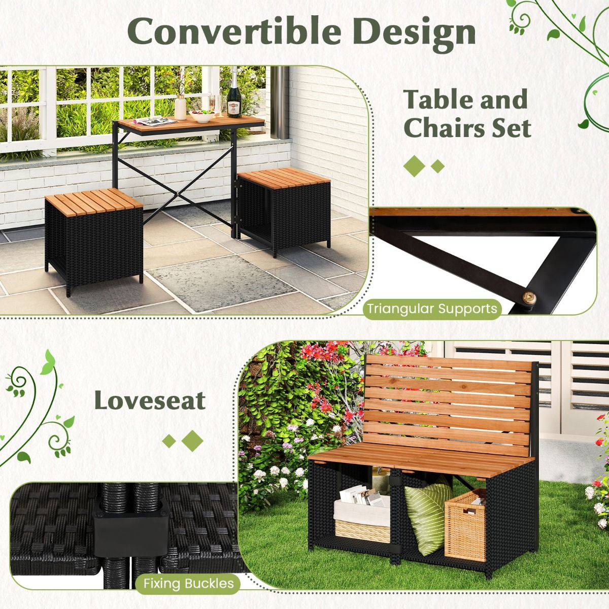 Coast 2-in-1-Gartenbank und Picknicktisch – wandelbares Balkonmöbel – mit Stauraum – schwarz/naturfarben