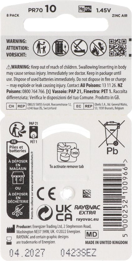Rayovac Hörgerätebatterien - 105 mAh - 1,45 V - 7,7x5,2mm - 8 Stück