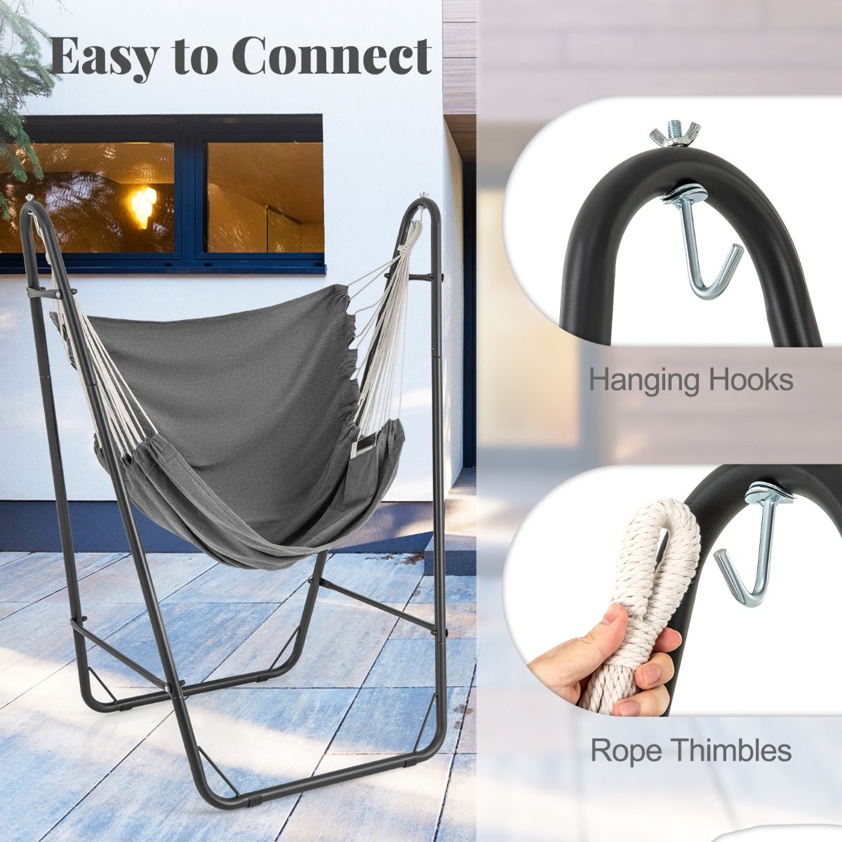 Coast Hängesessel mit Ständer – Sitzfläche aus Baumwolle und Polyester – Seitentaschen – Grau – 130 x 87 x 161 cm
